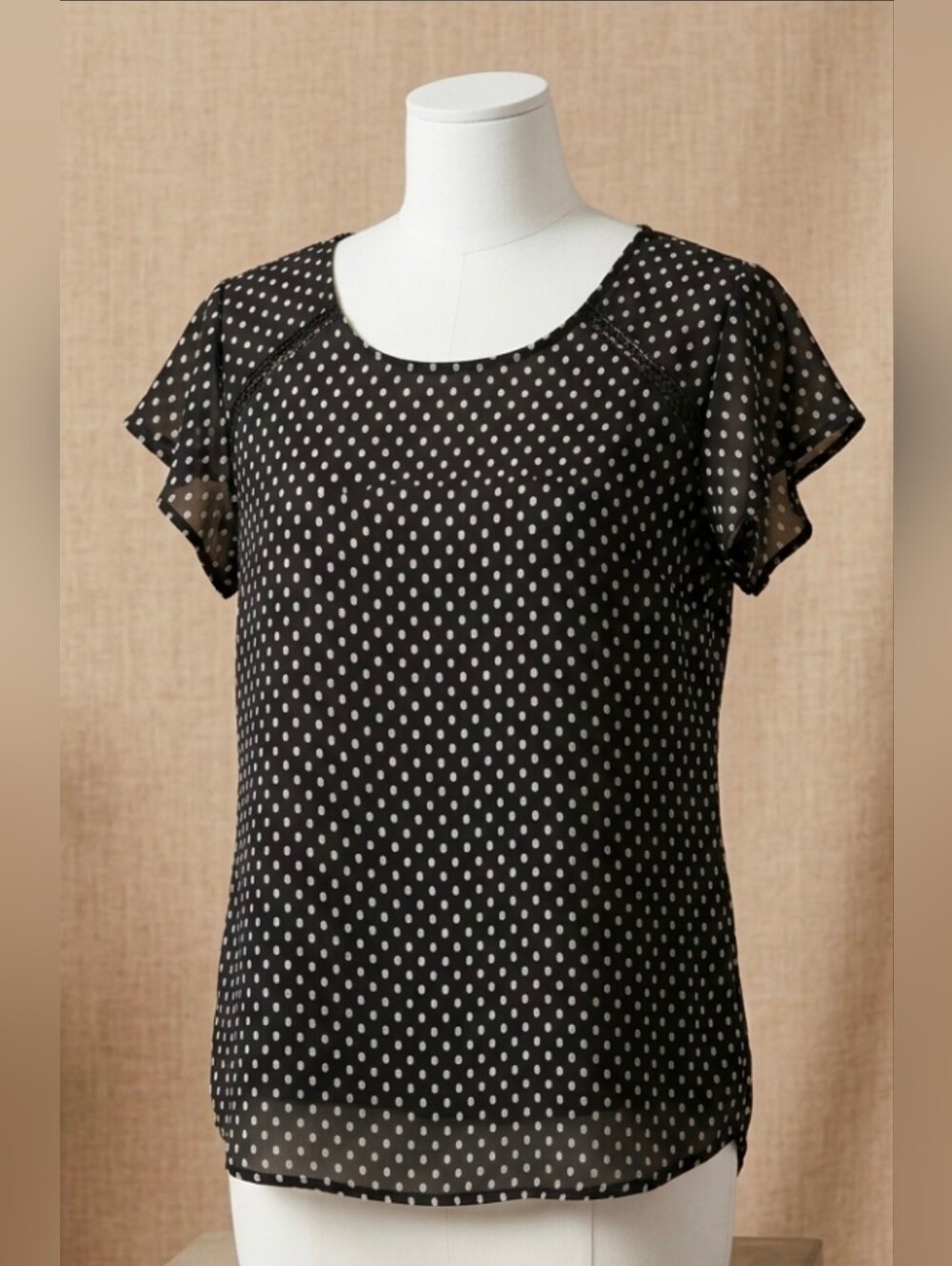 LOFT Black White Polka Dot Semi-Sheer Lined Blouse Tie Back Flutter Sleeve Med